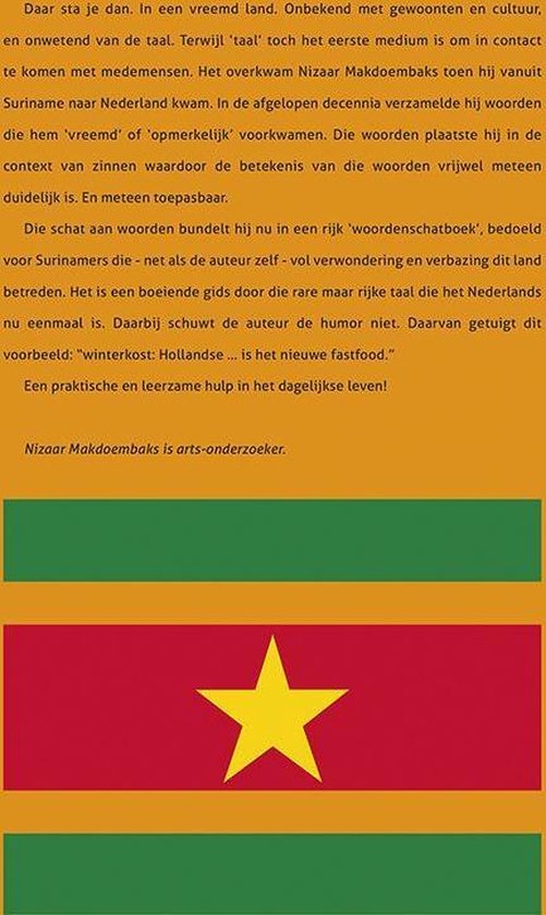 Achterkant boek 'Woordenschat voor Surinamers' met tekst en delen van de Surinaamse vlag.
