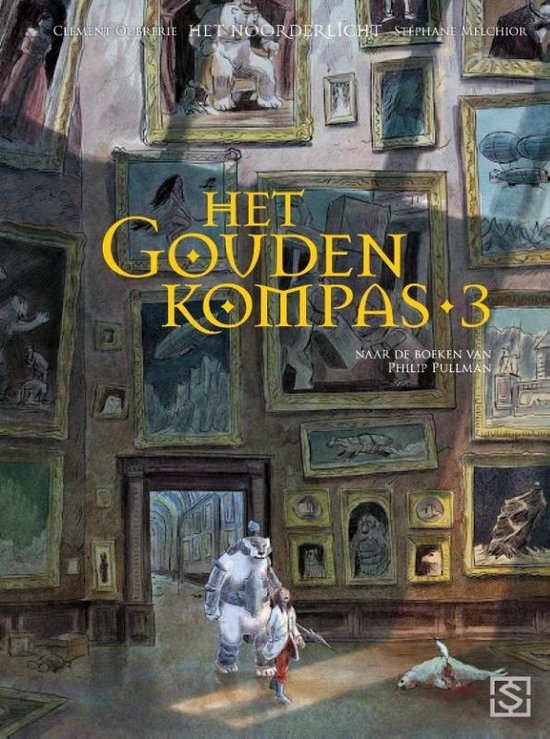 Couverture de bande dessinée : une fille et un ours en armure dans une galerie de musée remplie de peintures. Titre : « LE COMPAS D'OR 3 »
