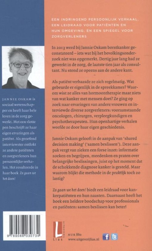 Achterkant boek met foto van Jannie Oskam en tekst over het boek.