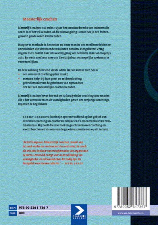 Achterkant boek 'Meesterlijk Coachen' met tekst over de inhoud en auteur Robert Hargrove. ISBN 978-9052617367.