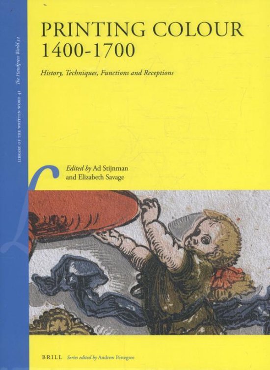 Boek 'Printing Colour 1400-1700', met een illustratie van een figuur die een rode schijf vasthoudt.