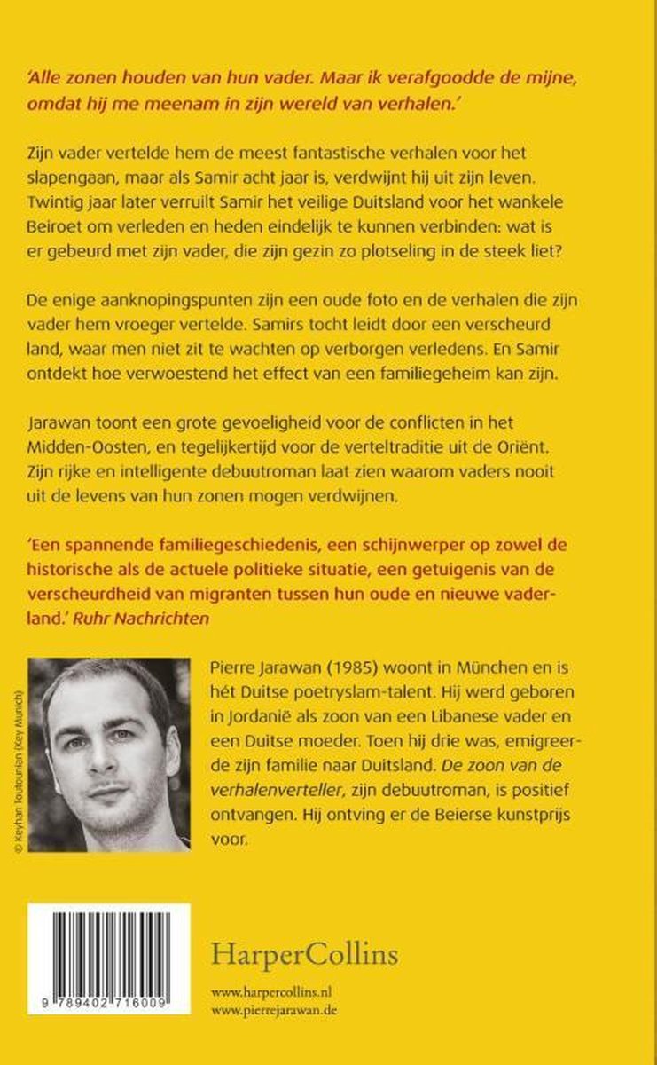 Achterkant boek 'De zoon van de verhalenverteller' met foto van Pierre Jarawan.