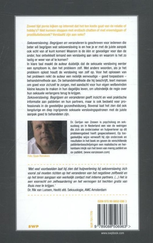Achterkant van het boek 'Seksverslaving' met tekst, een foto van Gertjan van Zessen en een foto van Rik van Lunsen.