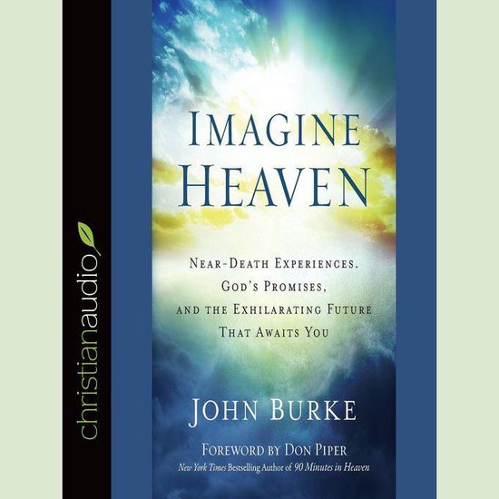 Boek 'Imagine Heaven' van John Burke, met een hemelse lucht op de omslag.