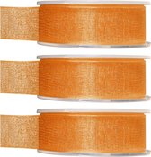 3x Hobby/decoratie oranje organza sierlinten 2,5 cm/25 mm x 20 meter - Cadeaulint organzalint/ribbon - Striklint linten oranje