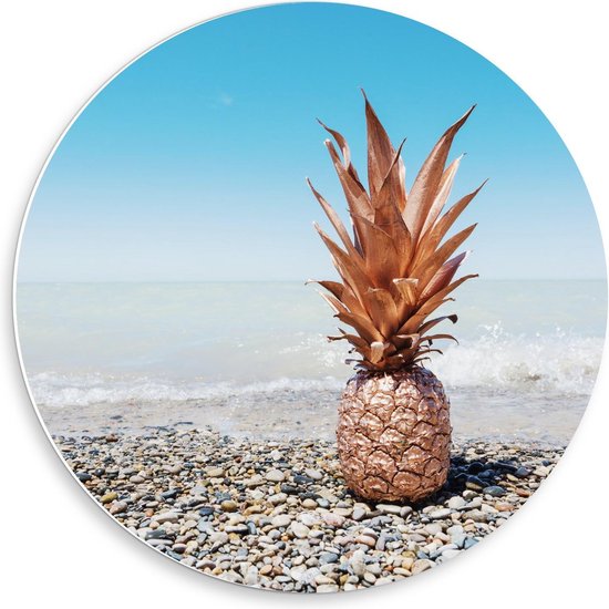 Forex Wandcirkel - Gekleurde Ananas op een Mooi Strand - 50x50cm Foto op Wandcirkel (met ophangsysteem)