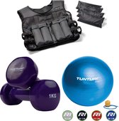 Tunturi - Fitness Set - Vinyl Dumbbell 2 x 1 kg - Gymball Blauw 90 cm - Gewichtsvest 10 kg