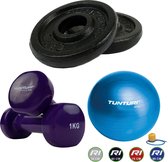 Tunturi - Fitness Set - Vinyl Dumbbell 2 x 1 kg - Gymball Blauw 90 cm - Halterschijven 2 x 0,5 kg