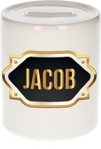 Jacob naam cadeau spaarpot met gouden embleem - kado verjaardag/ vaderdag/ pensioen/ geslaagd/ bedankt