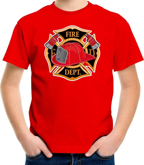 Brandweer logo verkleed t-shirt rood voor jongens en meisjes - brandweer / brandweerman - verkleedkleding / kostuum 122/128