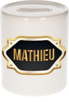 Mathieu naam cadeau spaarpot met gouden embleem - kado verjaardag/ vaderdag/ pensioen/ geslaagd/ bedankt