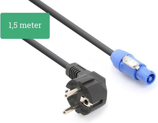 Zwarte stroomkabel van 1,5 meter met een haakse Schuko-stekker en een blauwe Powercon A-connector.