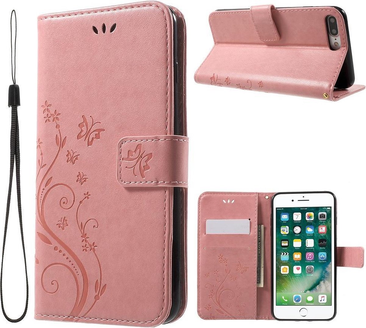 Geschikt voor iPhone 7 / 8 PLUS wallet portemonnee hoesje - roze vlinders