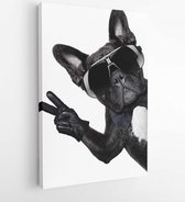 Cool dog with peace or victory fingers beside a white blank banner or placard - Modern Art Canvas -Vertical - 197519258 - 40-30 Vertical