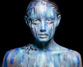 Abstract art makeup. Face, neck and hair girls smeared with bright colors of blue, blue and silver colors. The paint flows. On the face of silver tears. Holi festival  - Modern Art