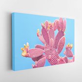 Fashion Cactus Coral colored on pastel Blue background. Trendy tropical cacti plant close-up. Art Concept. Creative Style. Coral fashionable cactus Mood  - Modern Art Canvas - Hori