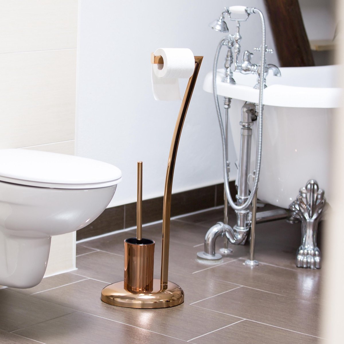 Relaxdays toiletaccessoires set WIMEDO, rvs, staand, zonder boren, HBD: 75x21x26 cm, wc-borstel, toiletrolhouder, koper