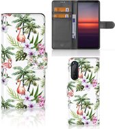 Telefoonhoesje Sony Xperia 5II Flip Hoesje met naam Flamingo Palms