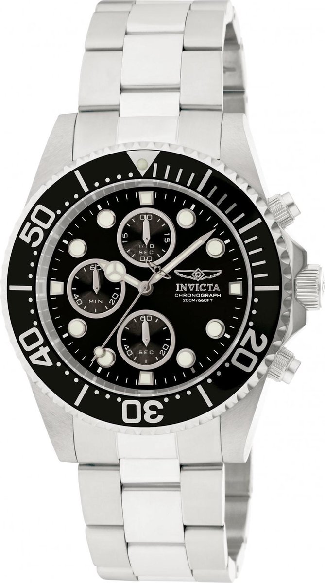 Invicta Pro Diver 1768 Heren Horloge - Waterdicht - Analoog - Quartz Uurwerk - Roestvrij Staal met zwarte Wijzerplaat - 43mm