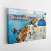 Stunning morning panorama of Santorini island. Splendid spring sunrise on famous Greek resort Oia, Greece, Europe. Traveling concept background. Artistic style post processed photo