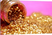 Dibond - Potje Met Gouden Glitters Voor een Roze Achtergrond - 120x80cm Foto op Aluminium (Wanddecoratie van metaal)