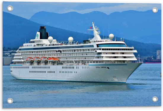 Tuinposter – Groot Cruiseschip Op de Blauwe Zee Met Bergen Op de Achtergrond - 60x40cm Foto op Tuinposter  (wanddecoratie voor buiten en binnen)