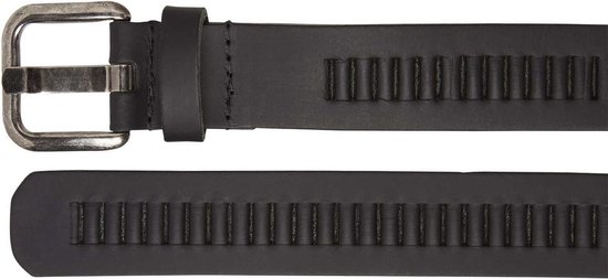 Zwarte leren riem met gesp en verticale perforaties over de hele lengte.