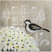 Schilderij - Vogeltje op bos bloemen. Print van handgeschilderd doek