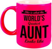 Worlds Greatest Aunt / tante cadeau koffiemok / theebeker neon roze 330 ml