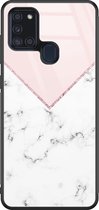 Samsung A21s hoesje glas - Marmer roze grijs - Hard Case - Zwart - Backcover - Marmer - Roze