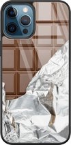 iPhone 12 hoesje glas - Chocoladereep - Hard Case - Zwart - Backcover - Print / Illustratie - Bruin