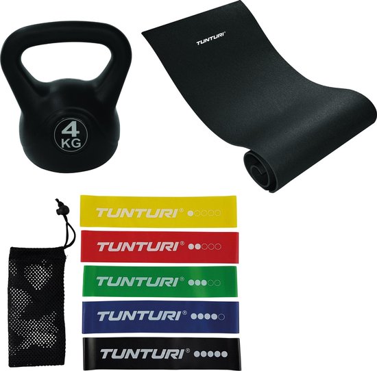 Tunturi - Fitness Set - Kettlebell 4 kg - Fitnessmat 160 x 60 x 0,7 cm - Weerstandsbanden 5 stuks