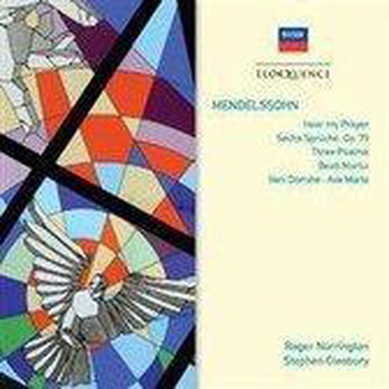Albumhoes met een glas-in-loodraam met een duif en tekst: Mendelssohn, Motets & Psalms.