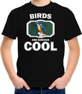 Dieren vogels t-shirt zwart kinderen - birds are serious cool shirt  jongens/ meisjes - cadeau shirt ijsvogel zittend/ vogels liefhebber XS (110-116)