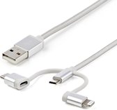 StarTech.com 1m USB oplaadkabel - gevlochten - zilver - 3 in 1 laadkabel - USB naar Lightning / Micro USB / USB C kabel - USB-kabel - USB (M) naar micro-USB type B Lightning USB-C (M) - 1 m -