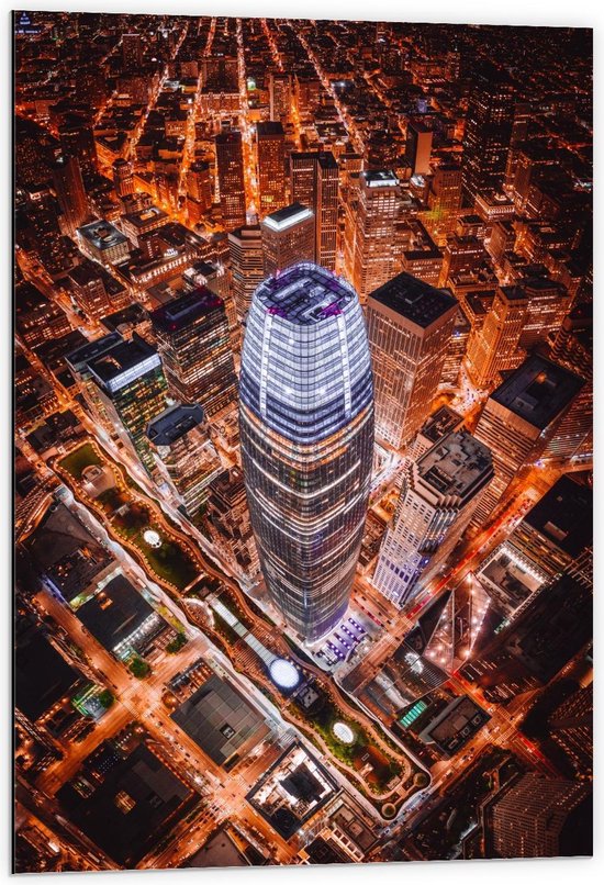 Dibond - Salesforce Tower Verlichting - San Francisco - 60x90cm Foto op Aluminium (Wanddecoratie van metaal)