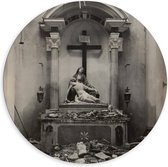 Dibond Wandcirkel - Maria en Jezus bij het Kruis (zwart - wit) - 120x120cm Foto op Aluminium Wandcirkel (met ophangsysteem)