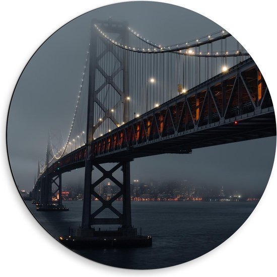 Dibond Wandcirkel - Oakland Bay Bridge - San Francisco - 50x50cm Foto op Aluminium Wandcirkel (met ophangsysteem)