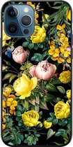iPhone 12 hoesje siliconen zwart - Bloemen geel - Siliconen TPU case zwart - Bloemen - Transparant, Geel