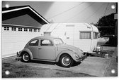 Tuinposter – Oude Auto/Caravan (zwart/wit) - 60x40cm Foto op Tuinposter  (wanddecoratie voor buiten en binnen)