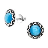 Aramat jewels ® - Bali oorbellen rond cats eye blauw 925 zilver geoxideerd 9mm