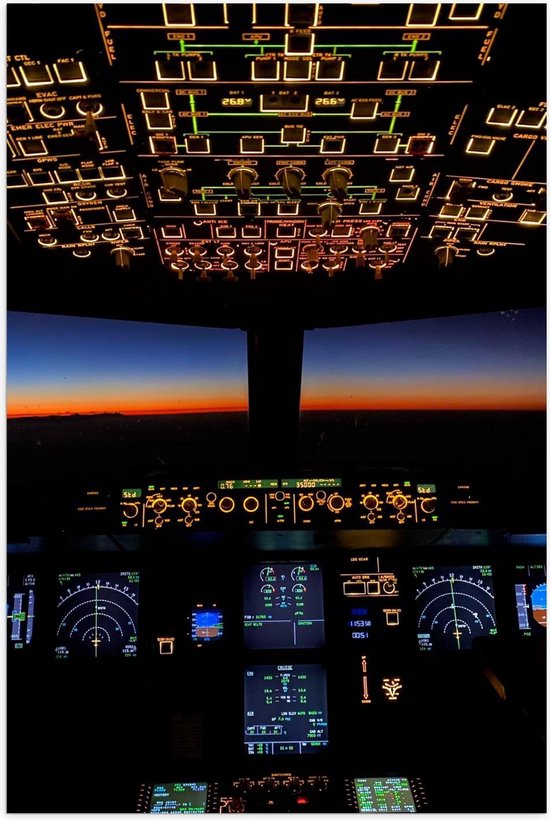 Poster – Cockpit van Vliegtuig met Zonsondergang - 40x60cm Foto op Posterpapier