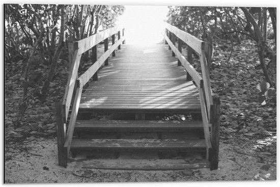 Dibond - Strand Trappetje (Zwart Wit) - 60x40cm Foto op Aluminium (Wanddecoratie van metaal)