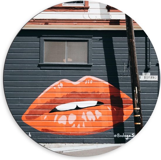 Dibond Wandcirkel - Rode Graffiti Lippen - 60x60cm Foto op Aluminium Wandcirkel (met ophangsysteem)