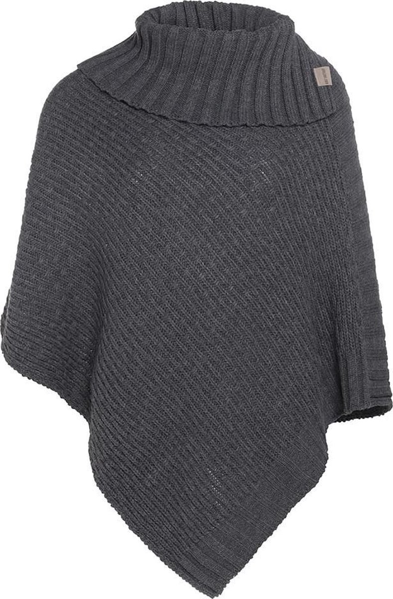 Knit Factory Nicky Gebreide Poncho - Met sjaal kraag - Dames Poncho - Gebreide mantel - Donkergrijze winter poncho - Antraciet - One Size