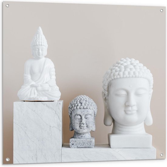 Tuinposter – Verschillende Witte Boeddha Beelden - 100x100cm Foto op Tuinposter  (wanddecoratie voor buiten en binnen)