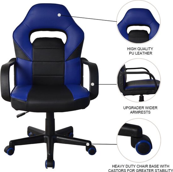 Gamestoel Thomas junior - bureaustoel gaming stijl - hoogte verstelbaar - zwart blauw