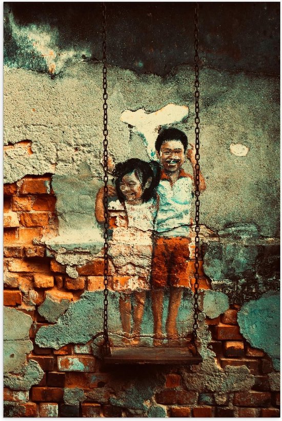 Poster – Schommel met Getekende Kinderen op de Muur - 60x90cm Foto op Posterpapier