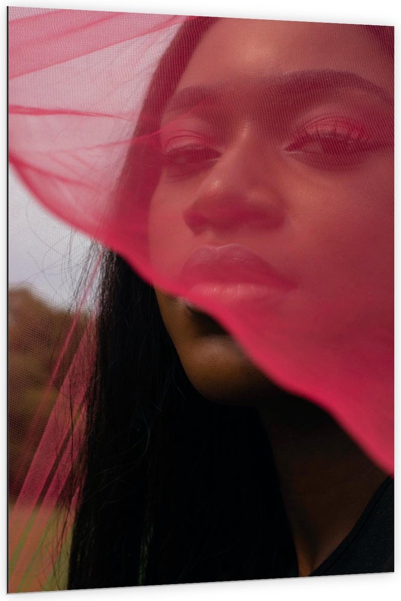 Dibond - Foto van Vrouw met Roze Mesh Stof voor Gezicht - 100x150cm Foto op Aluminium (Met Ophangsysteem)