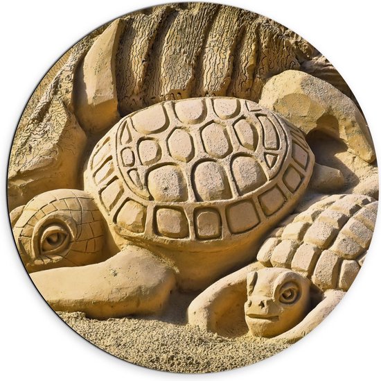 Dibond Wandcirkel - Zandsculpturen van Schildpadden - 70x70cm Foto op Aluminium Wandcirkel (met ophangsysteem)